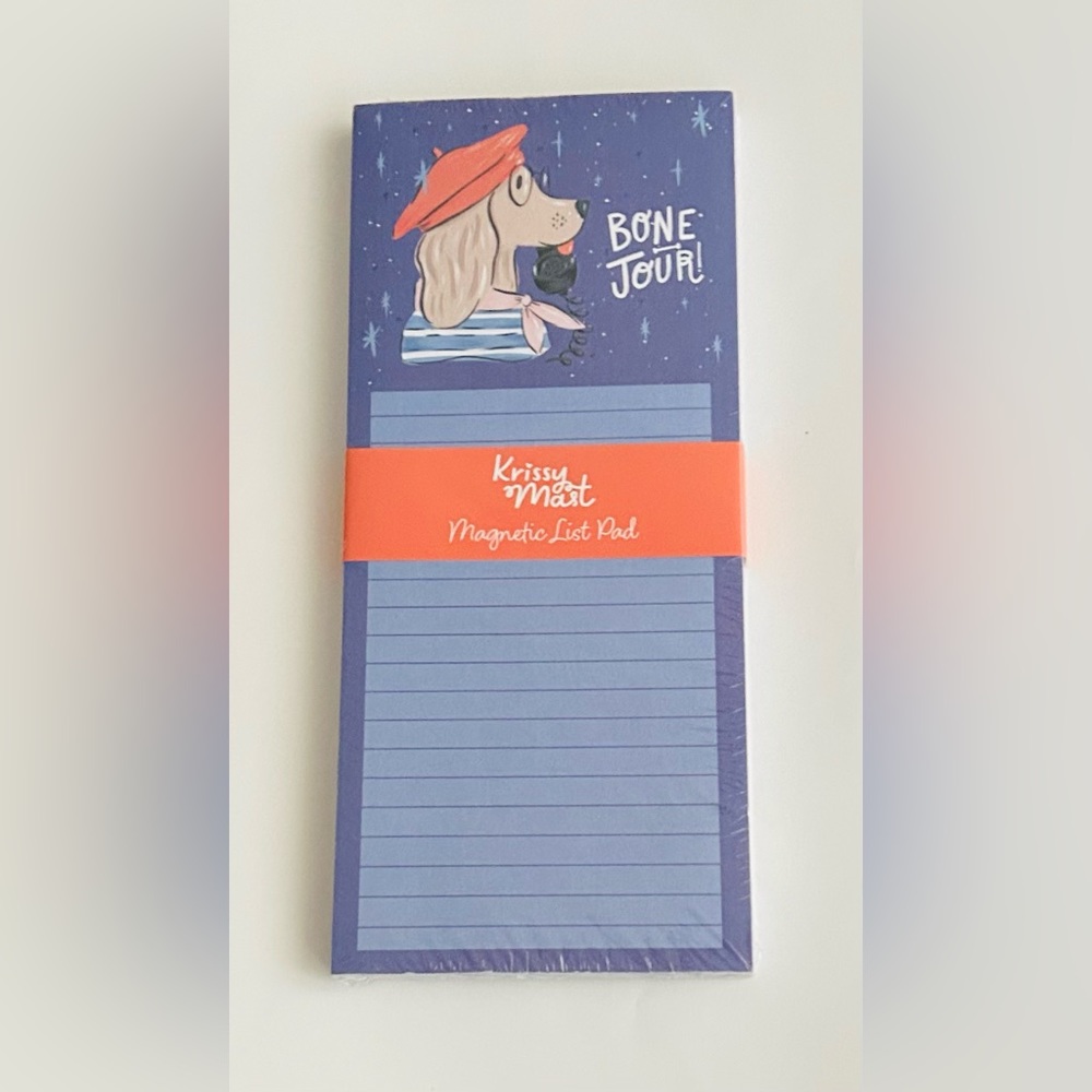 New "Bone Jour" Blue Magnetic Notepad Lined Pages Dog in Beret